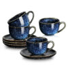 Starry Blue 6.5 oz Cappuccino Cups with Saucers, Set of 4, Ceramic Coffee Cup for Au Lait, Double shot, Latte, Cafe Mocha, Tea, Starry Blue