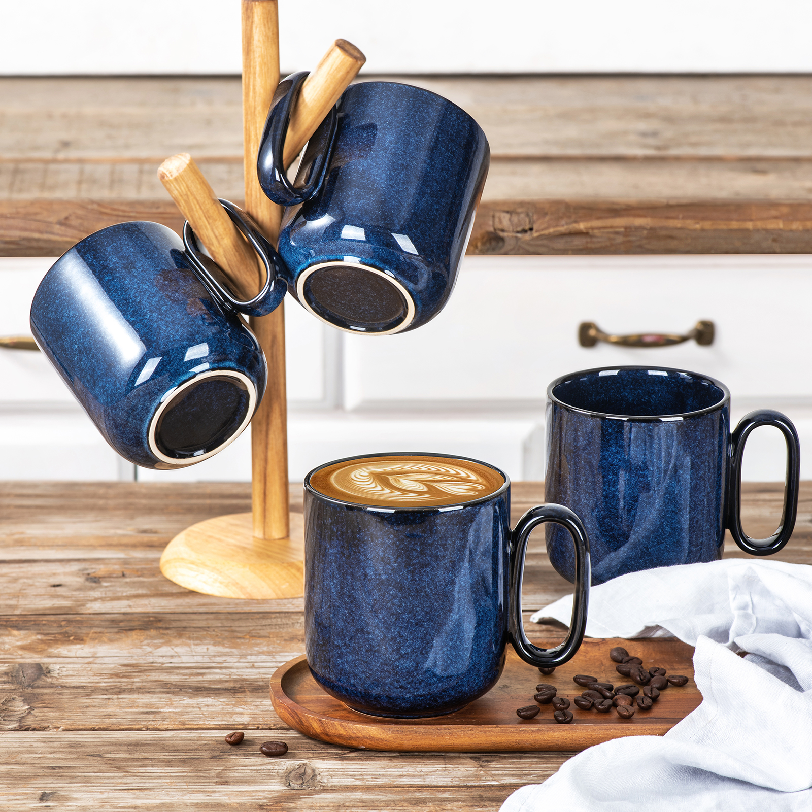 Starry Blue 6.5 oz Cappuccino Cups with Saucers, Set of 4, Ceramic Coffee  Cup for Au Lait, Double shot, Latte, Cafe Mocha, Tea, Starry Blue - Vicrays  Ceramics