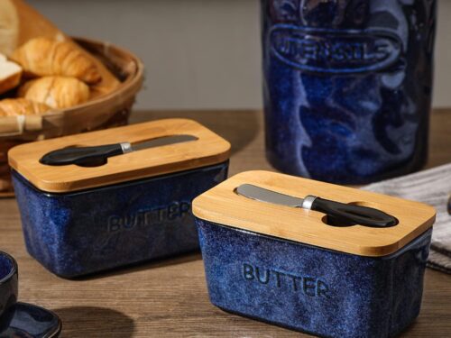 Large Blue Ceramic Butter Dish with Airtight Lid and Knife