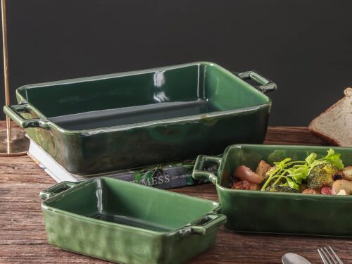 3-Piece Green Ceramic Bakeware Set for Daily Cooking